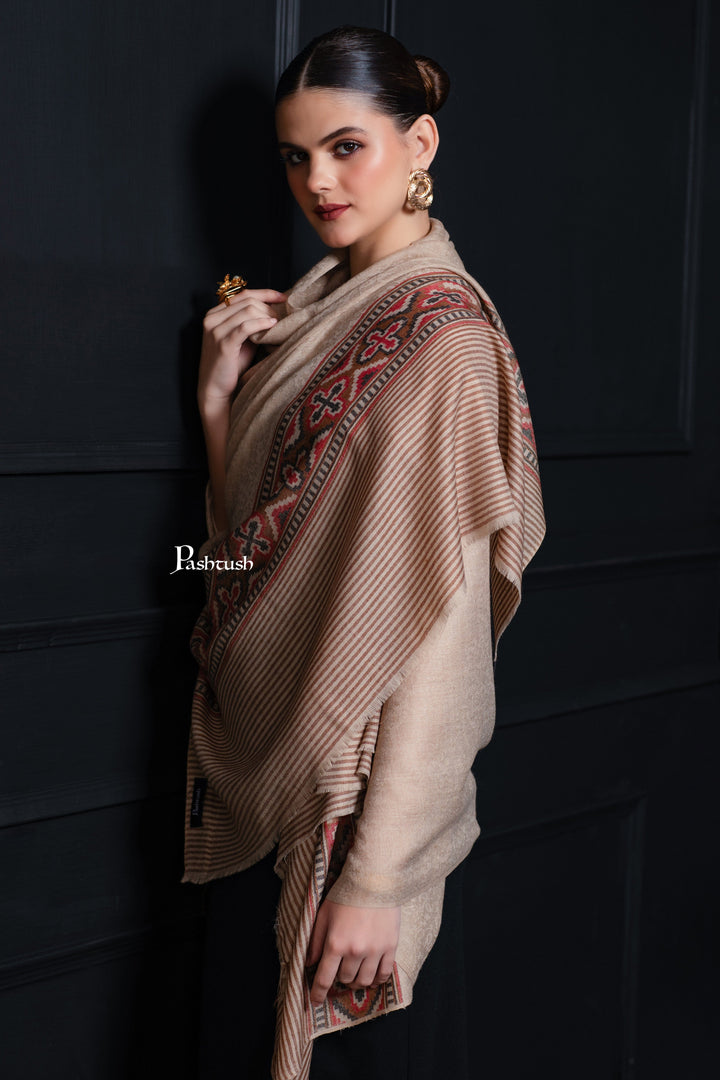 Pashtush India Womens Shawls Pashtush Womens Extra Fine Wool Shawl, Aztec Palla Design, Beige