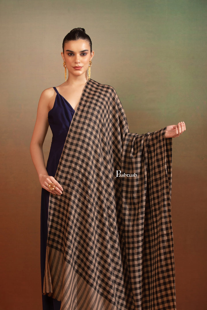 Pashtush India Womens Shawls Pashtush Womens Extra Fine Wool Shawl, Checkered Design, Black And Beige