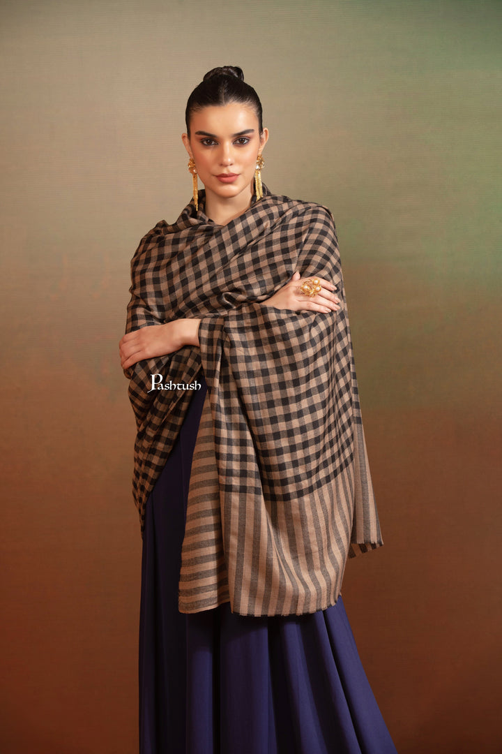 Pashtush India Womens Shawls Pashtush Womens Extra Fine Wool Shawl, Checkered Design, Black And Beige