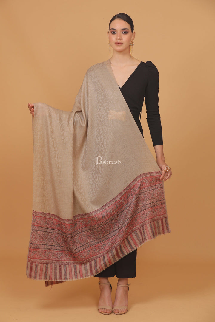 Pashtush India Womens Stoles and Scarves Scarf Pashtush womens Extra Fine Wool shawl, JACQUARD PALLA design, Beige