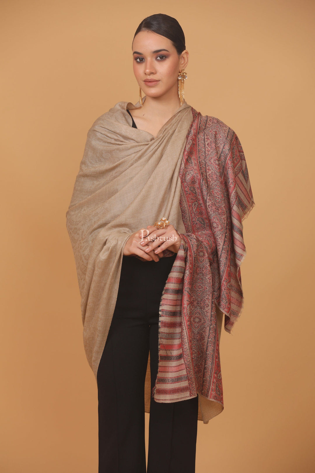 Pashtush India Womens Stoles and Scarves Scarf Pashtush womens Extra Fine Wool shawl, JACQUARD PALLA design, Beige