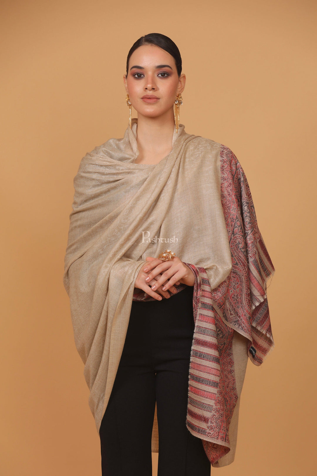 Pashtush India Womens Stoles and Scarves Scarf Pashtush womens Extra Fine Wool shawl, JACQUARD PALLA design, Beige