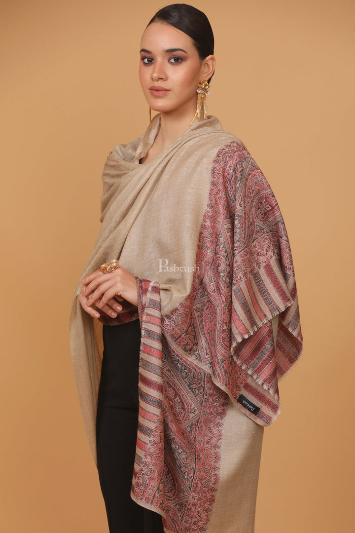 Pashtush India Womens Stoles and Scarves Scarf Pashtush womens Extra Fine Wool shawl, JACQUARD PALLA design, Beige