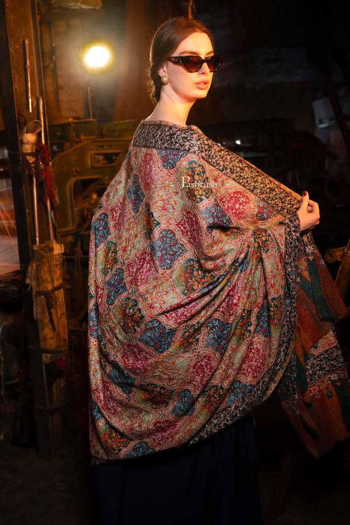 Pashtush India Womens Shawls Pashtush Womens Extra Fine Wool Shawl, Kalamkari Embroidery, Nalki Jama Design, Multicolour