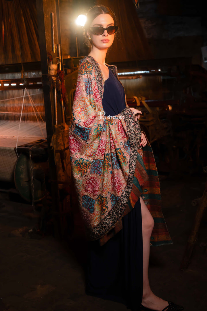 Pashtush India Womens Shawls Pashtush Womens Extra Fine Wool Shawl, Kalamkari Embroidery, Nalki Jama Design, Multicolour