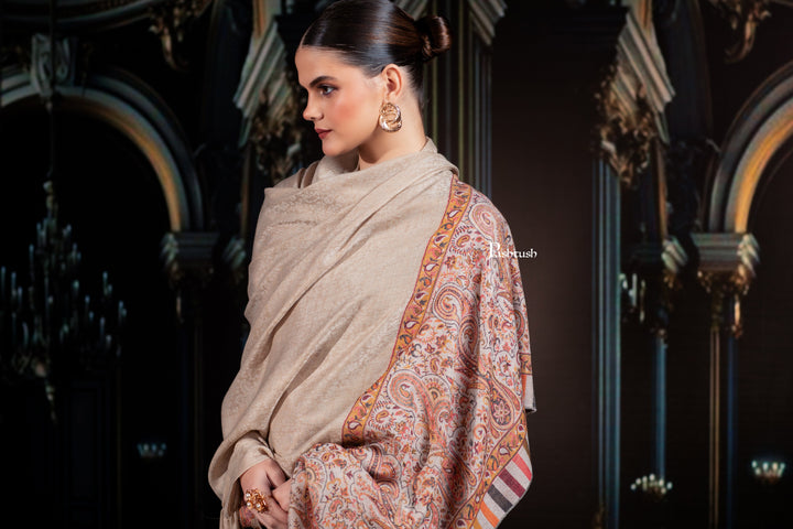 Pashtush India Womens Shawls Pashtush Womens Extra Fine Wool Shawl, Paisley Palla Design, Beige