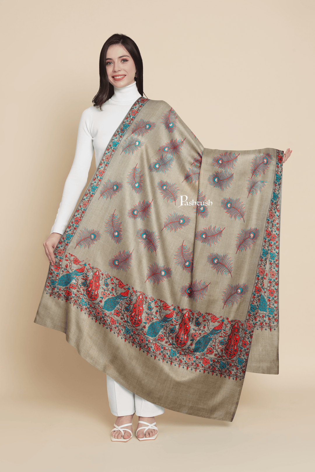 Pashtush India Womens Shawls Pashtush Womens Extra Fine Wool Shawl, Peacock Silky Embroidery Design, Beige