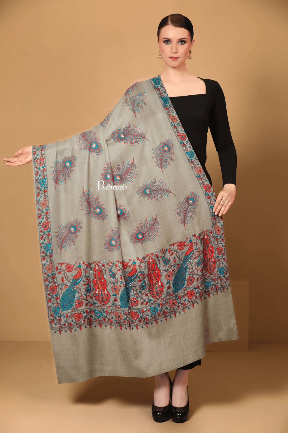 Pashtush India Womens Shawls Pashtush Womens Extra Fine Wool Shawl, Peacock Silky Embroidery Design, Beige