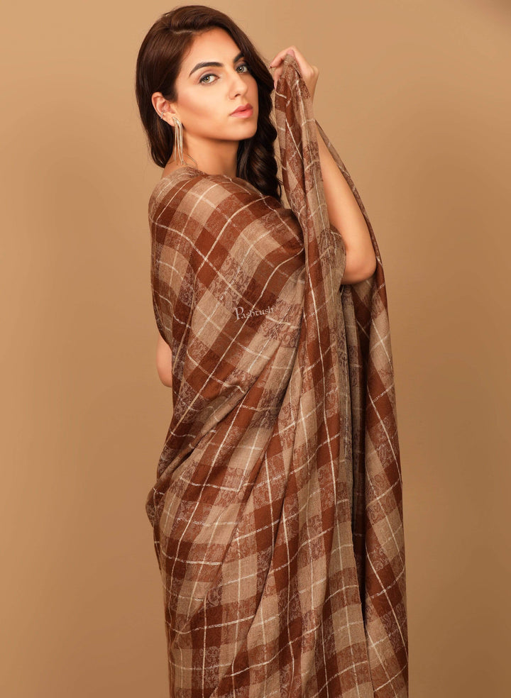 Pashtush Shawl Store Shawl Pashtush Womens Extra Fine Wool Shawl, Soft and Warm, Choco Checks, ( Large Wrap Size )