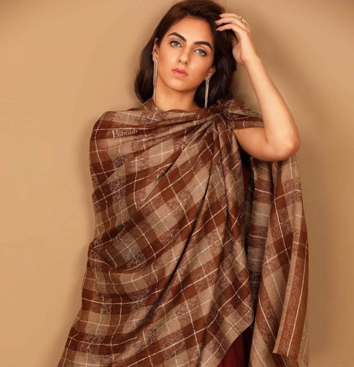 Pashtush Shawl Store Shawl Pashtush Womens Extra Fine Wool Shawl, Soft and Warm, Choco Checks, ( Large Wrap Size )