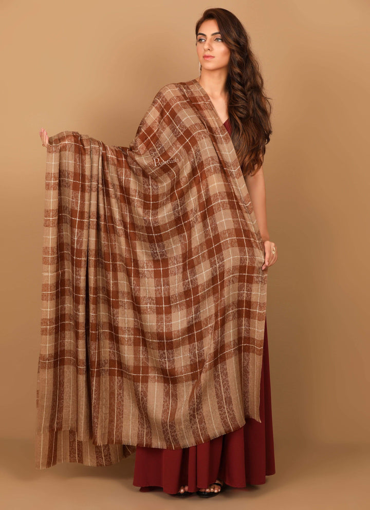 Pashtush Shawl Store Shawl Pashtush Womens Extra Fine Wool Shawl, Soft and Warm, Choco Checks, ( Large Wrap Size )