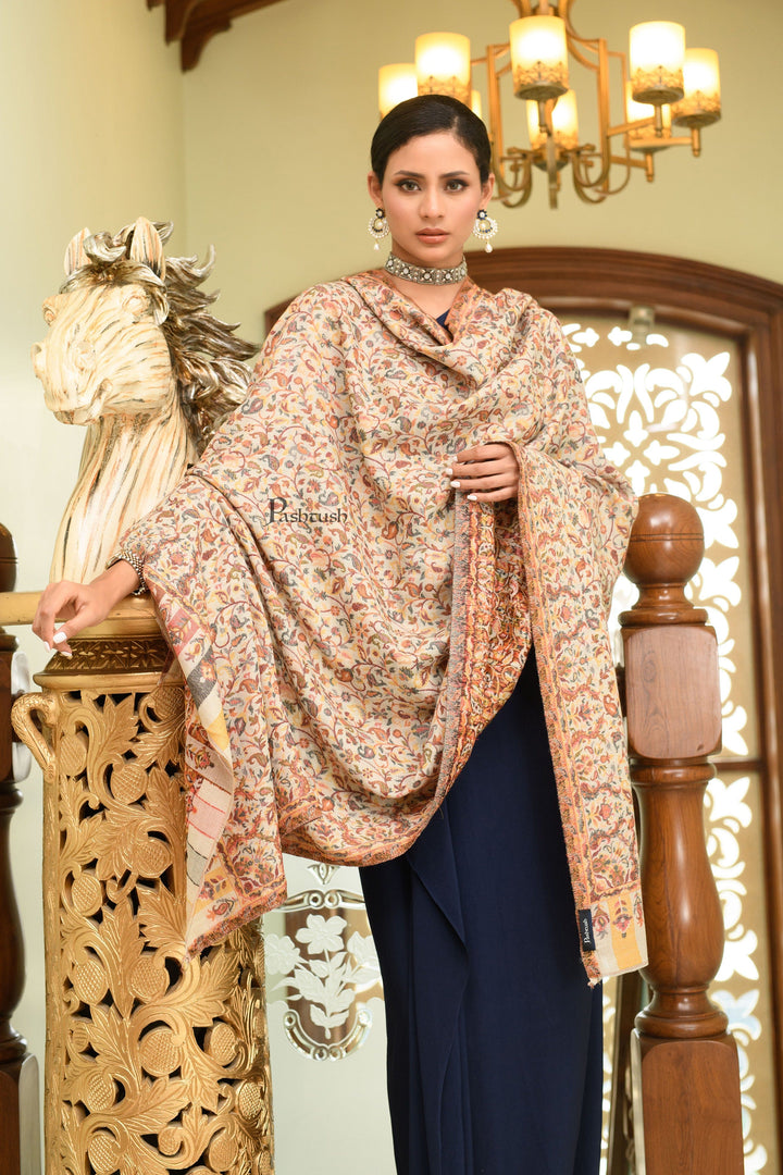 Pashtush India Womens Shawls Pashtush Womens Extra Fine Wool Shawl, Soft, Ethnic Weave Design Design, Beige