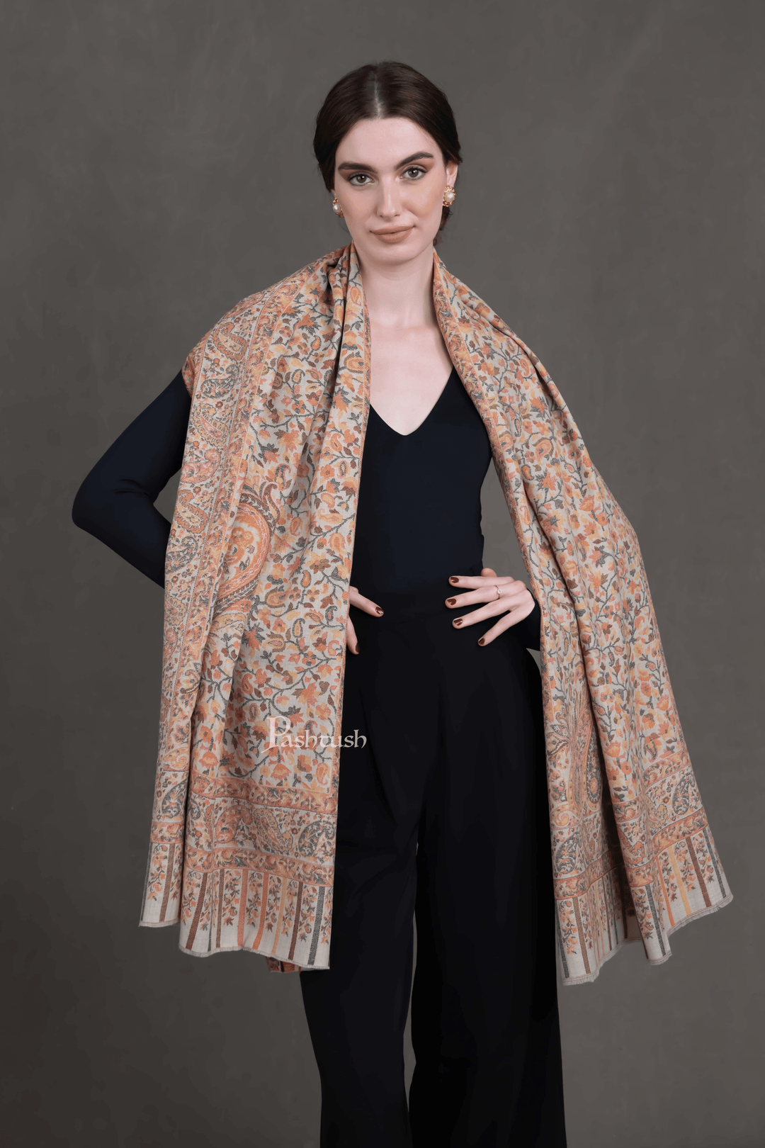 Pashtush India Womens Stoles and Scarves Scarf Pashtush Womens Extra Fine Wool Stole, Ethnic Weave Woven Design, Beige