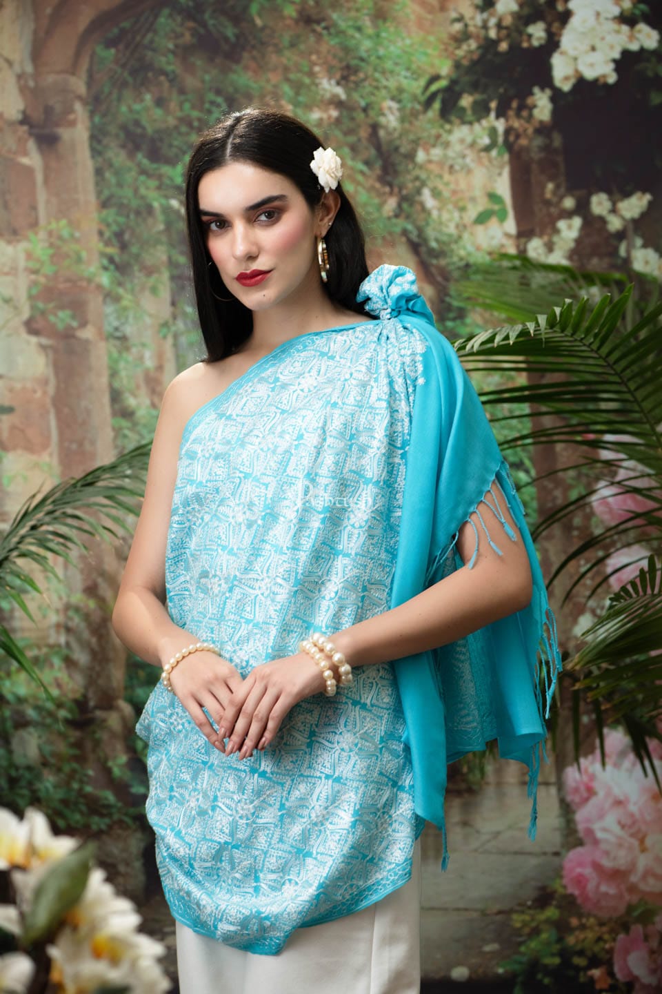 Pashtush India Womens Stoles and Scarves Scarf Pashtush womens Extra Fine Wool stole, Nalki embroidery design, aqua blue
