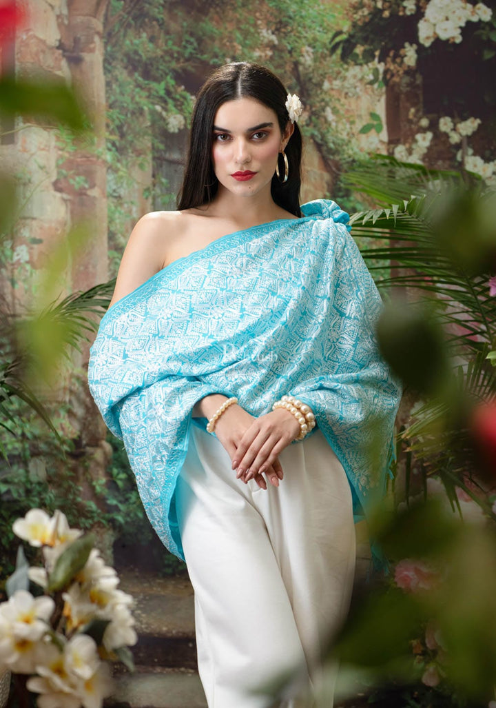 Pashtush India Womens Stoles and Scarves Scarf Pashtush womens Extra Fine Wool stole, Nalki embroidery design, aqua blue