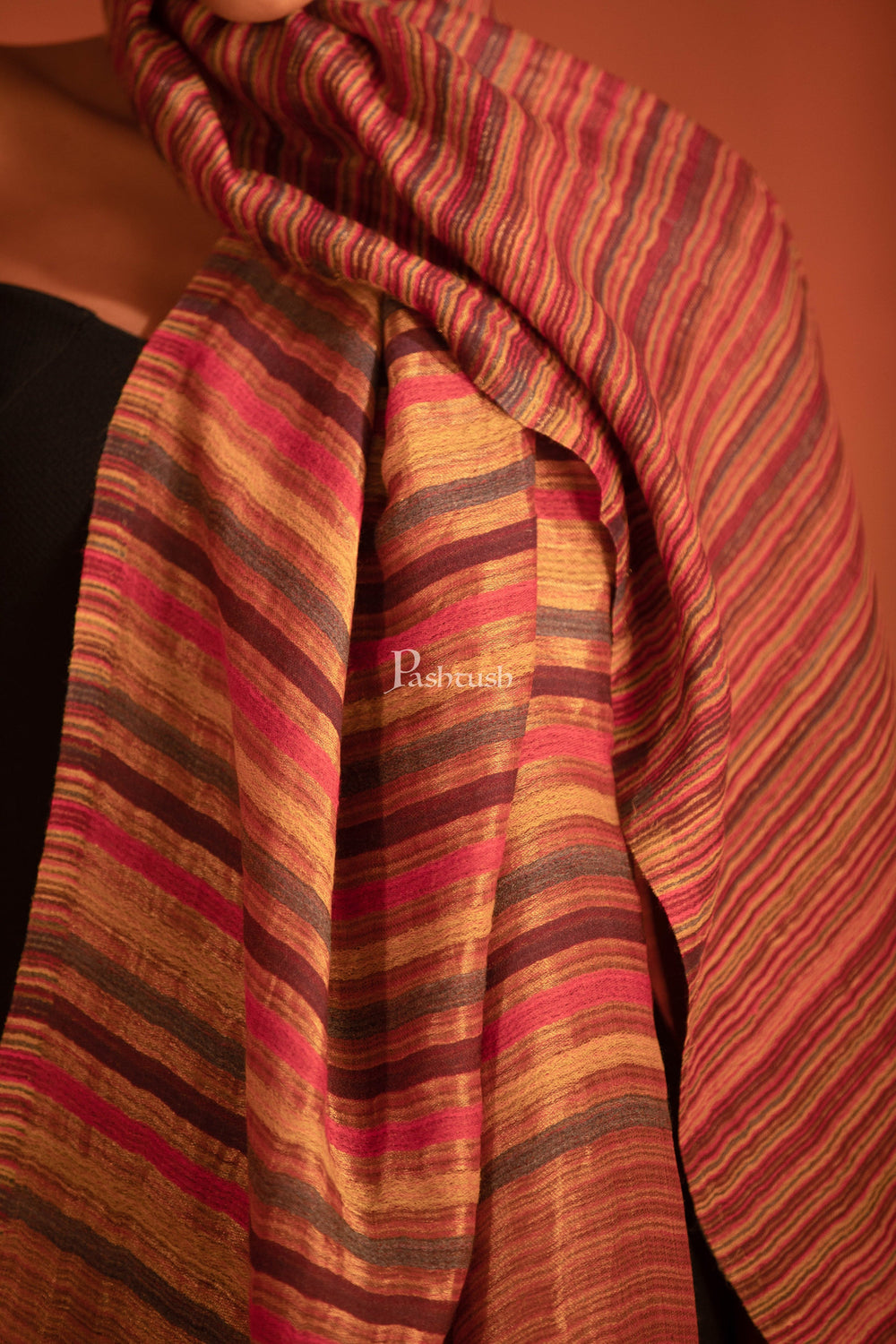 Pashtush India womens scarf and Stoles Pashtush Womens Extra Fine Wool Stole, Stripe With Zari  Design, Multicolour