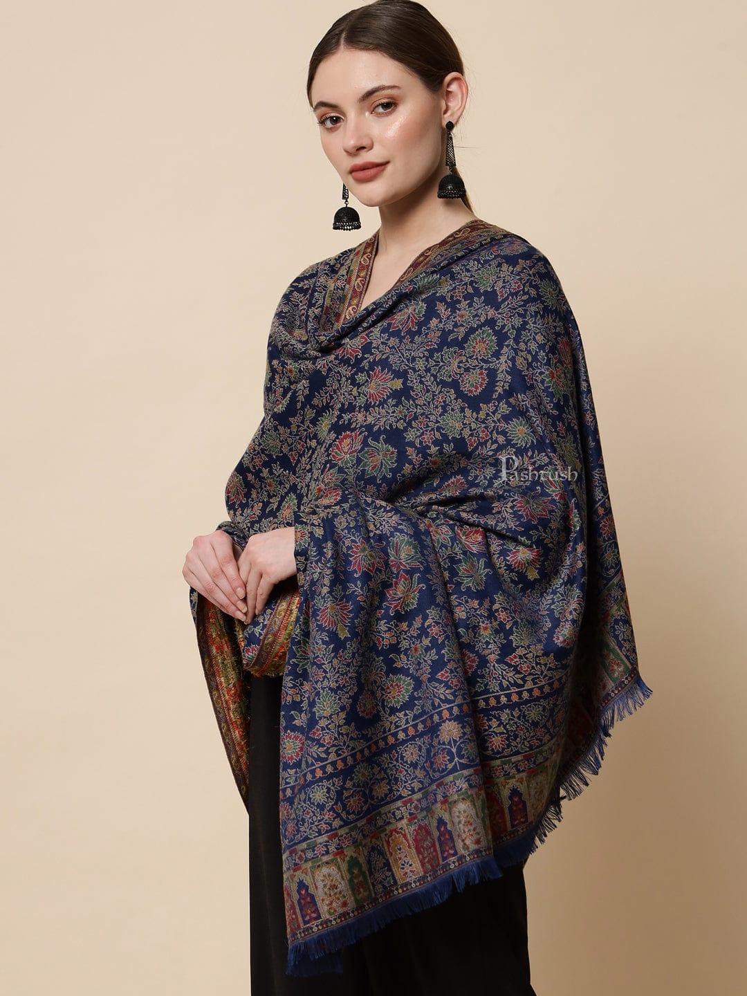 Pashtush India Womens Shawls Pashtush Womens Faux Pashmina Ethnic Weave Shawl, Navy Blue