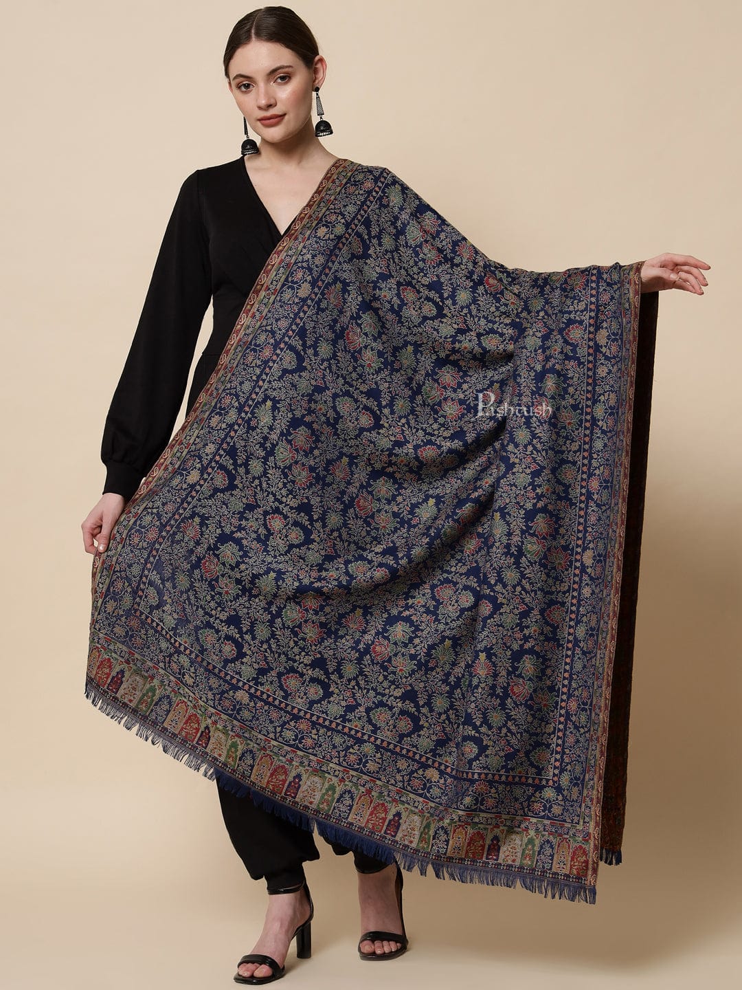 Pashtush India Womens Shawls Pashtush Womens Faux Pashmina Ethnic Weave Shawl, Navy Blue