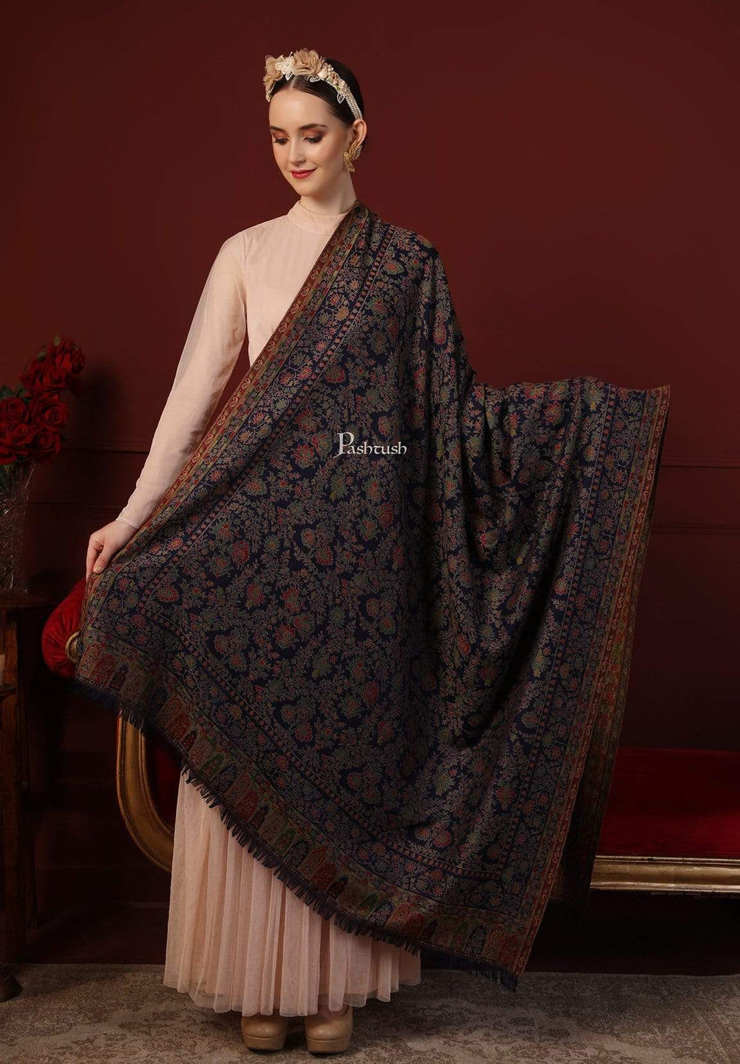 Pashtush India 100x200 Pashtush Womens Faux Pashmina Kaani Weave Shawl, Navy Blue