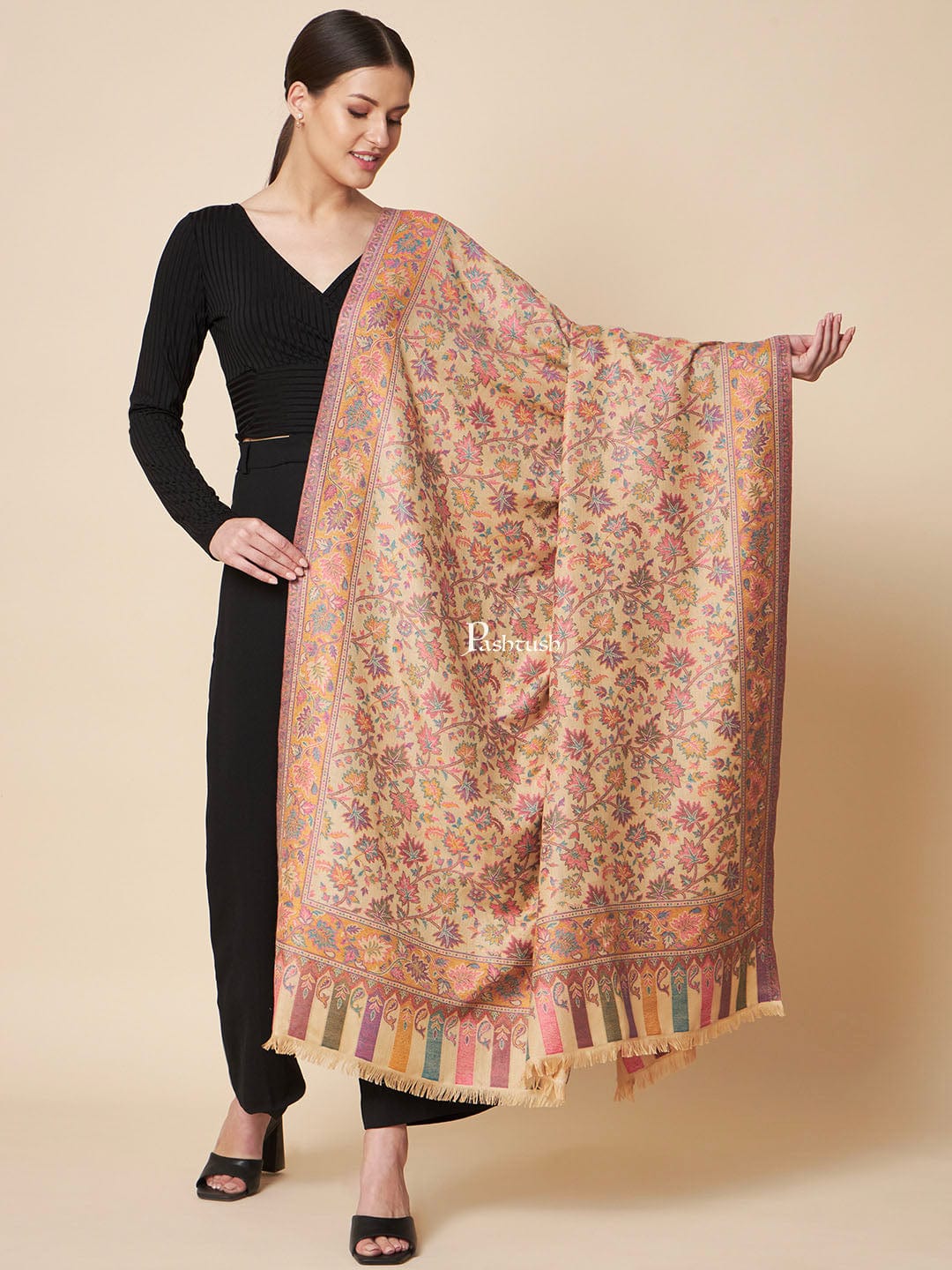 Pashtush India Womens Shawls Pashtush Womens Faux Pashmina Shawl, Ethnic Pastel Hues Design, Beige