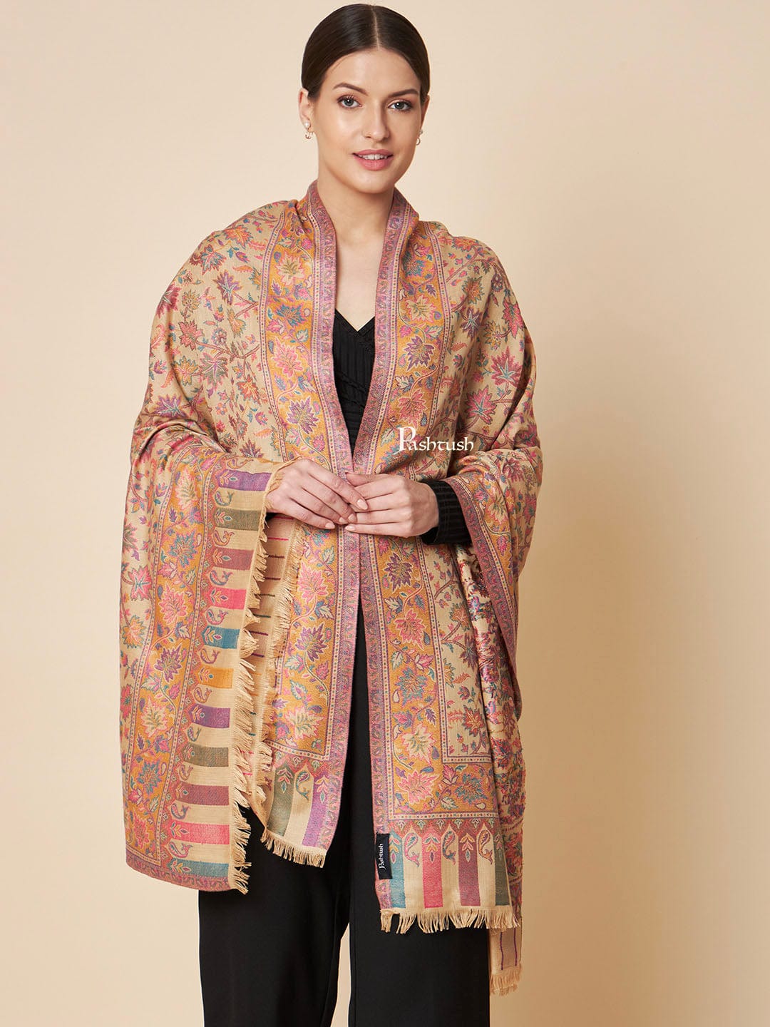 Pashtush India Womens Shawls Pashtush Womens Faux Pashmina Shawl, Ethnic Pastel Hues Design, Beige