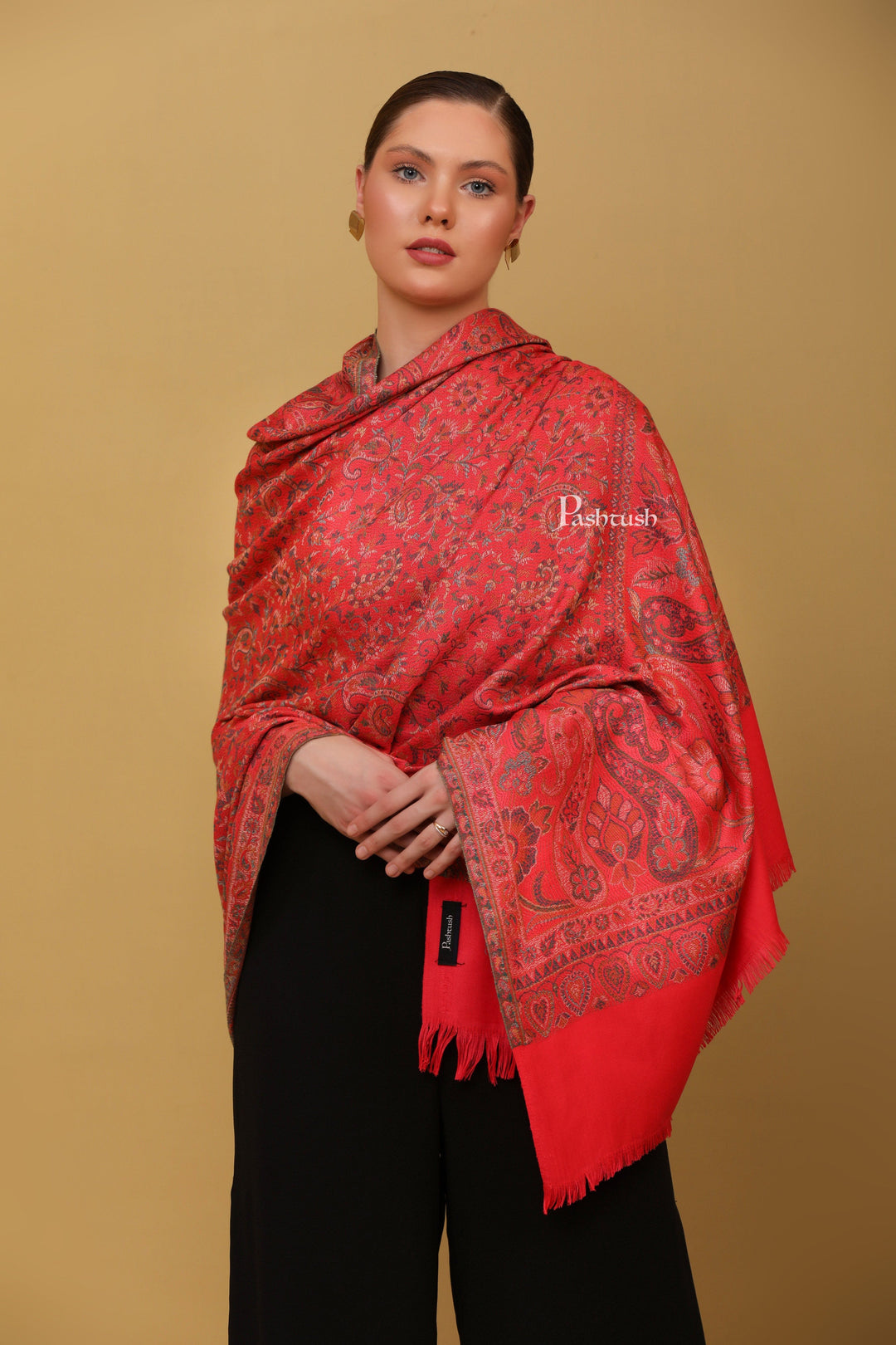 Pashtush India Womens Shawls Pashtush Womens Faux Pashmina Shawl, Jamawar Design, Dark Pink