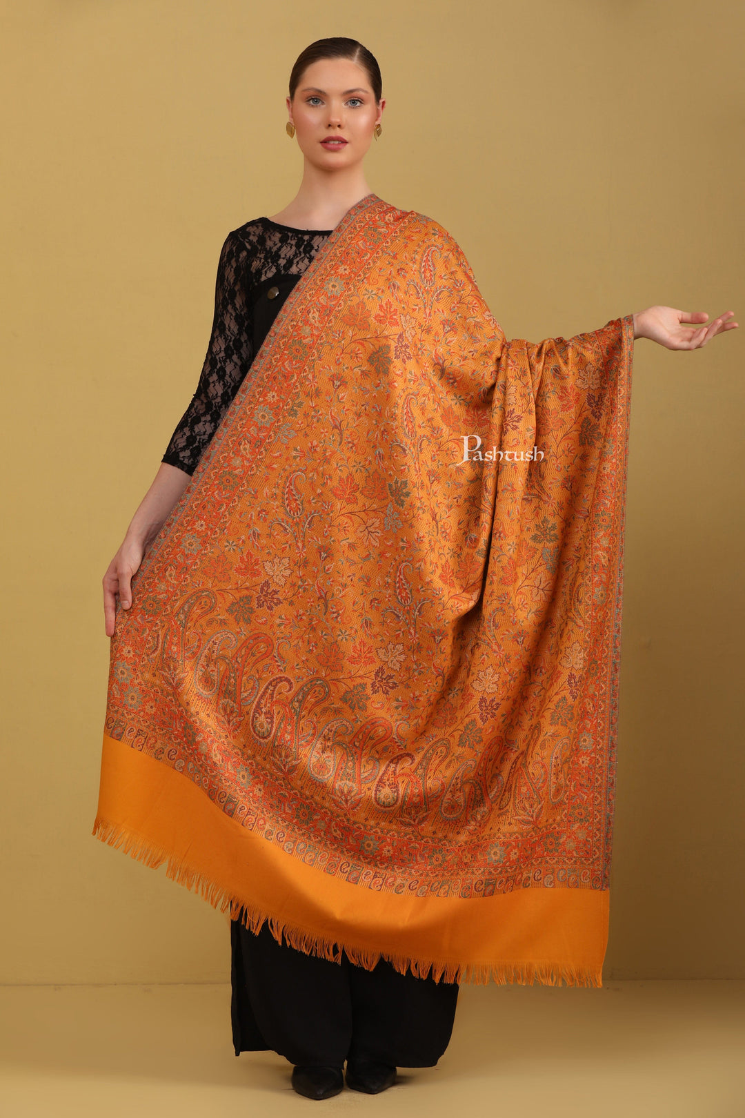 Pashtush India Womens Shawls Pashtush Womens Faux Pashmina Shawl, Jamawar Design, Mustard