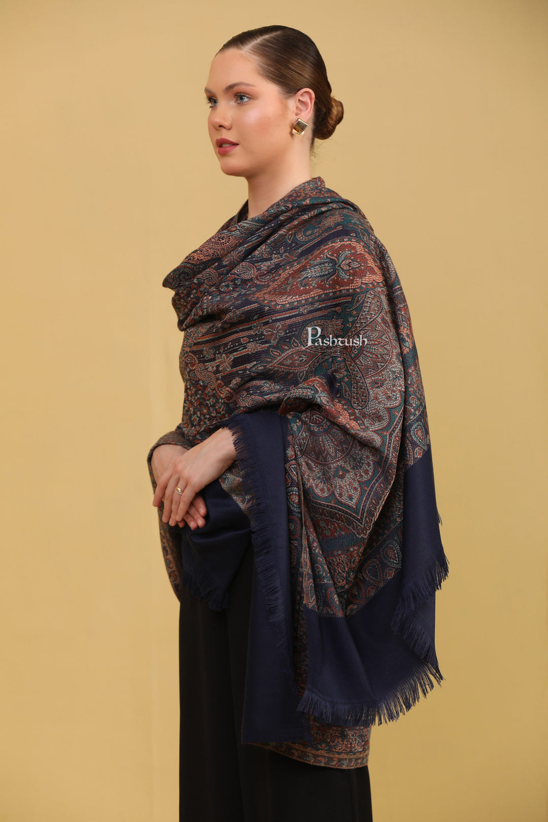 Pashtush India Womens Shawls Pashtush Womens Faux Pashmina Shawl, Jamawar Design, Navy Blue