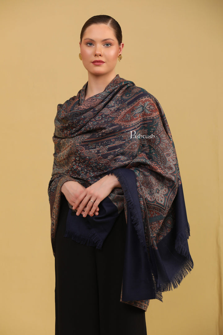 Pashtush India Womens Shawls Pashtush Womens Faux Pashmina Shawl, Jamawar Design, Navy Blue