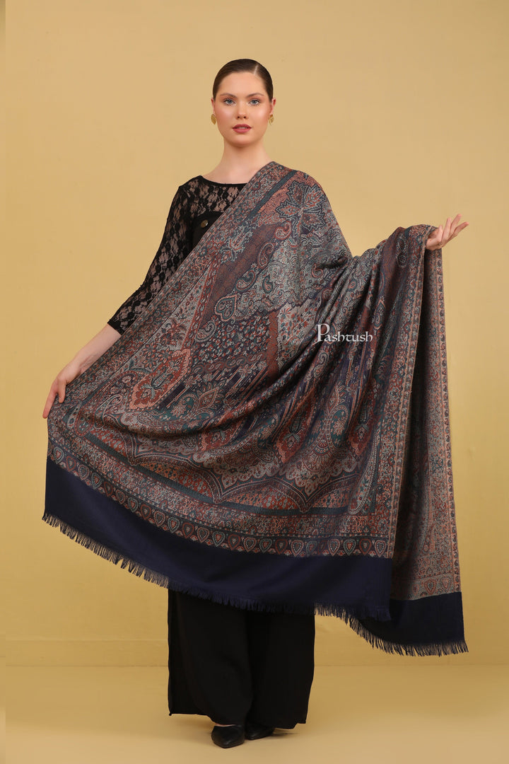 Pashtush India Womens Shawls Pashtush Womens Faux Pashmina Shawl, Jamawar Design, Navy Blue