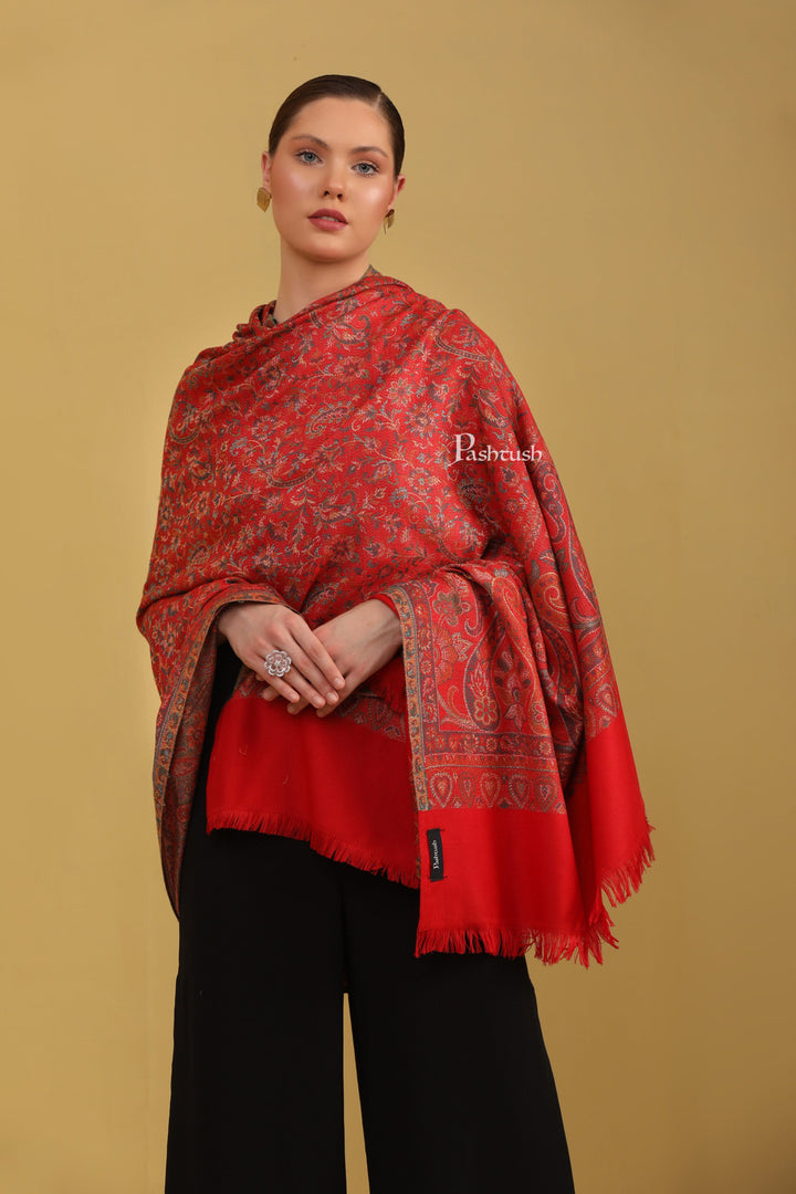 Pashtush India Womens Shawls Pashtush Womens Faux Pashmina Shawl, Jamawar Design, Red