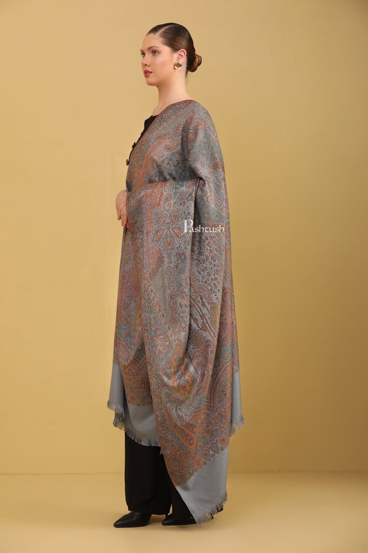 Pashtush India Womens Shawls Pashtush Womens Faux Pashmina Shawl, Jamawar Design, Slate Grey