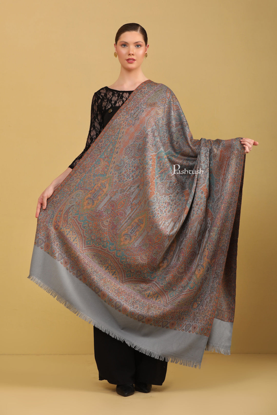 Pashtush India Womens Shawls Pashtush Womens Faux Pashmina Shawl, Jamawar Design, Slate Grey