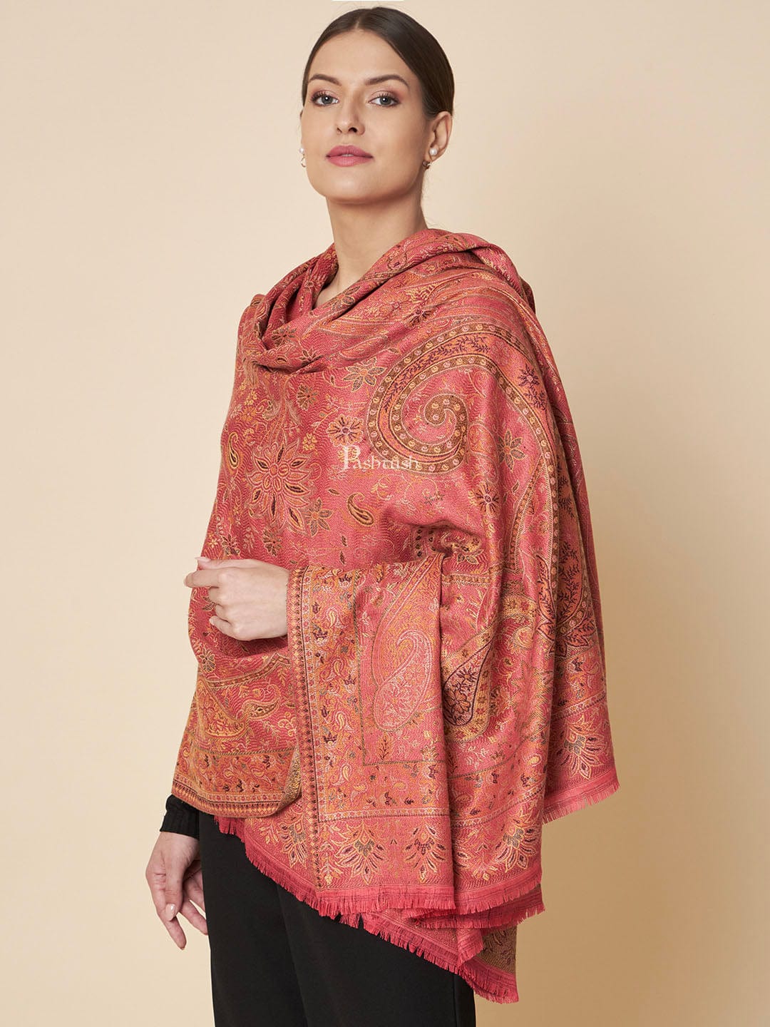 Pashtush India Womens Shawls Pashtush Womens Faux Pashmina Shawl, Rich Jamawar Paisely Design, Morning Rose