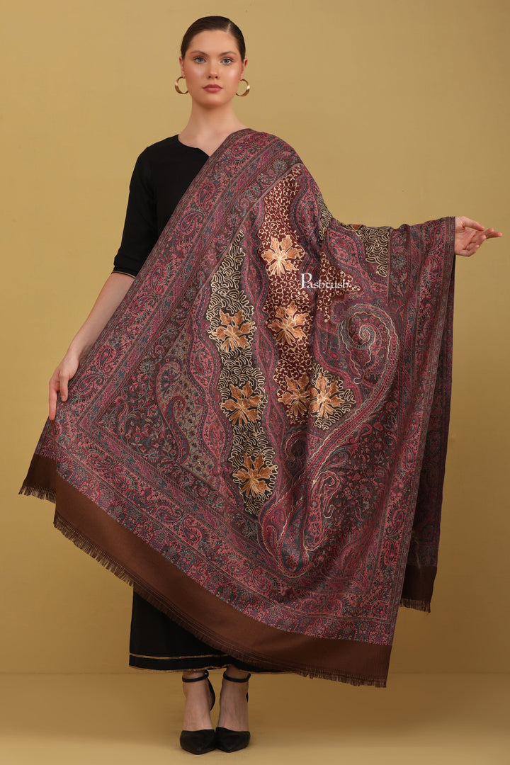 Pashtush India Womens Shawls Pashtush Womens Faux Pashmina Shawl, With Aari Design, Brown