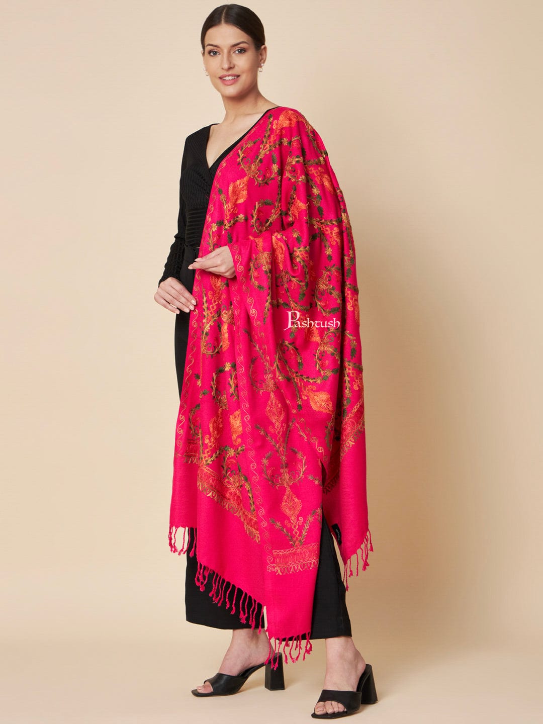 Pashtush India Womens Stoles and Scarves Scarf Pashtush Womens Faux Pashmina Stole, Aari Embroidery Design, Dark Pink