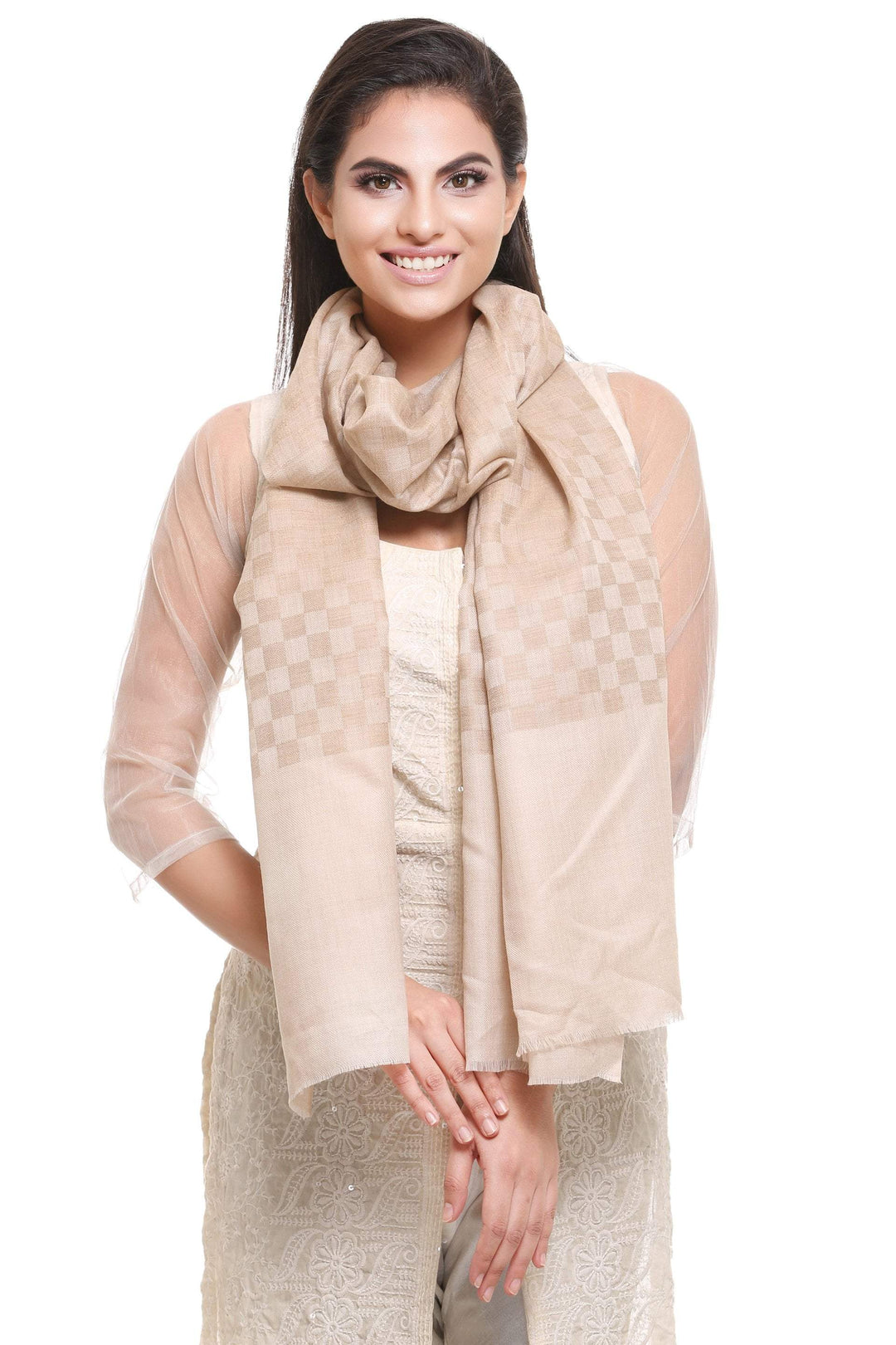 Pashtush India Gift Pack Pashtush Womens, Fine Wool, Checkered Stole, Beige