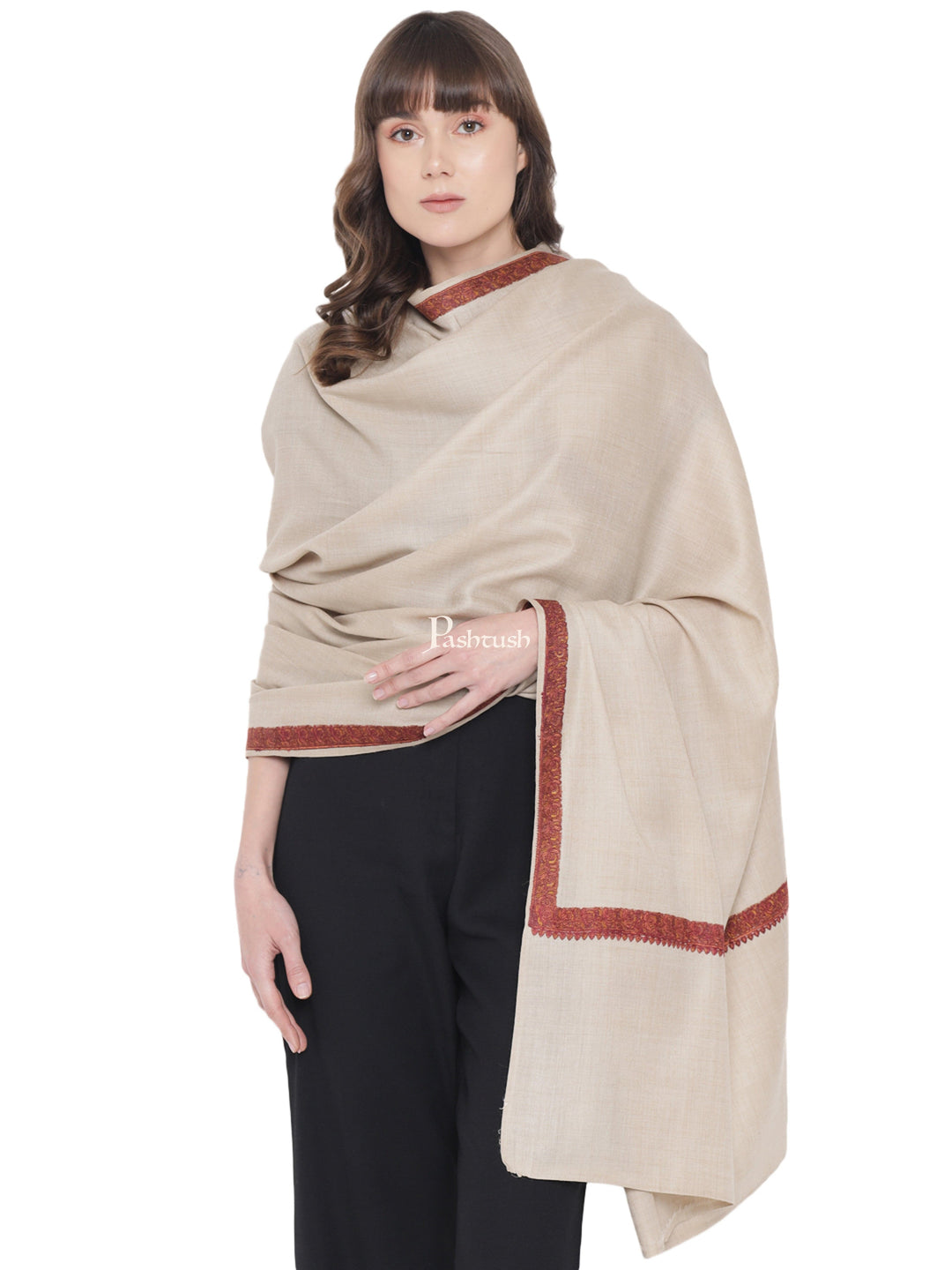 Pashtush India Womens Shawls Pashtush Womens Fine Wool Kashmiri Embroidery Shawl, Needlework Border, Haashia, Beige