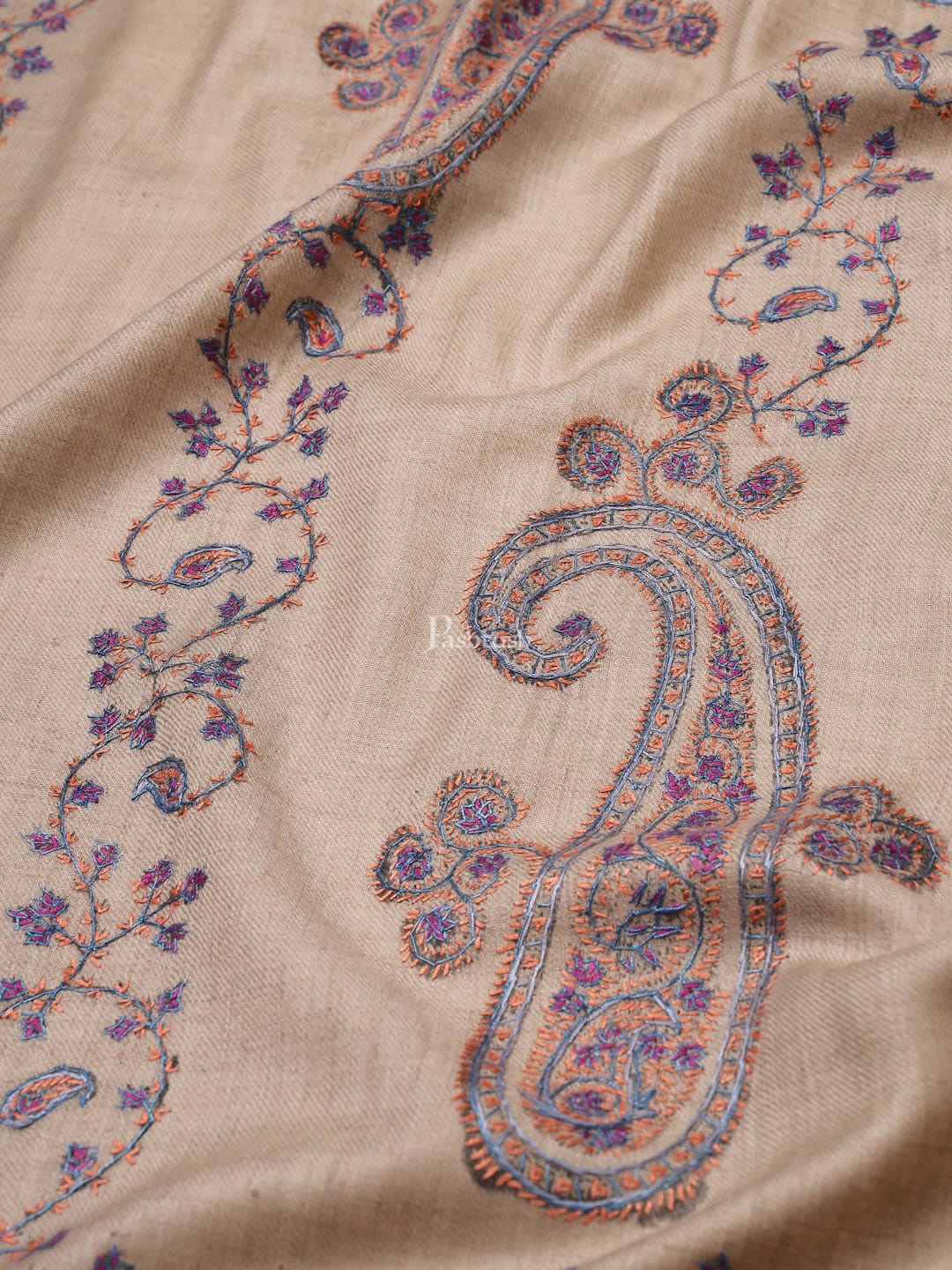 Pashtush India Womens Shawls Pashtush womens Fine Wool shawl, 100% hand embroidery design, Beige