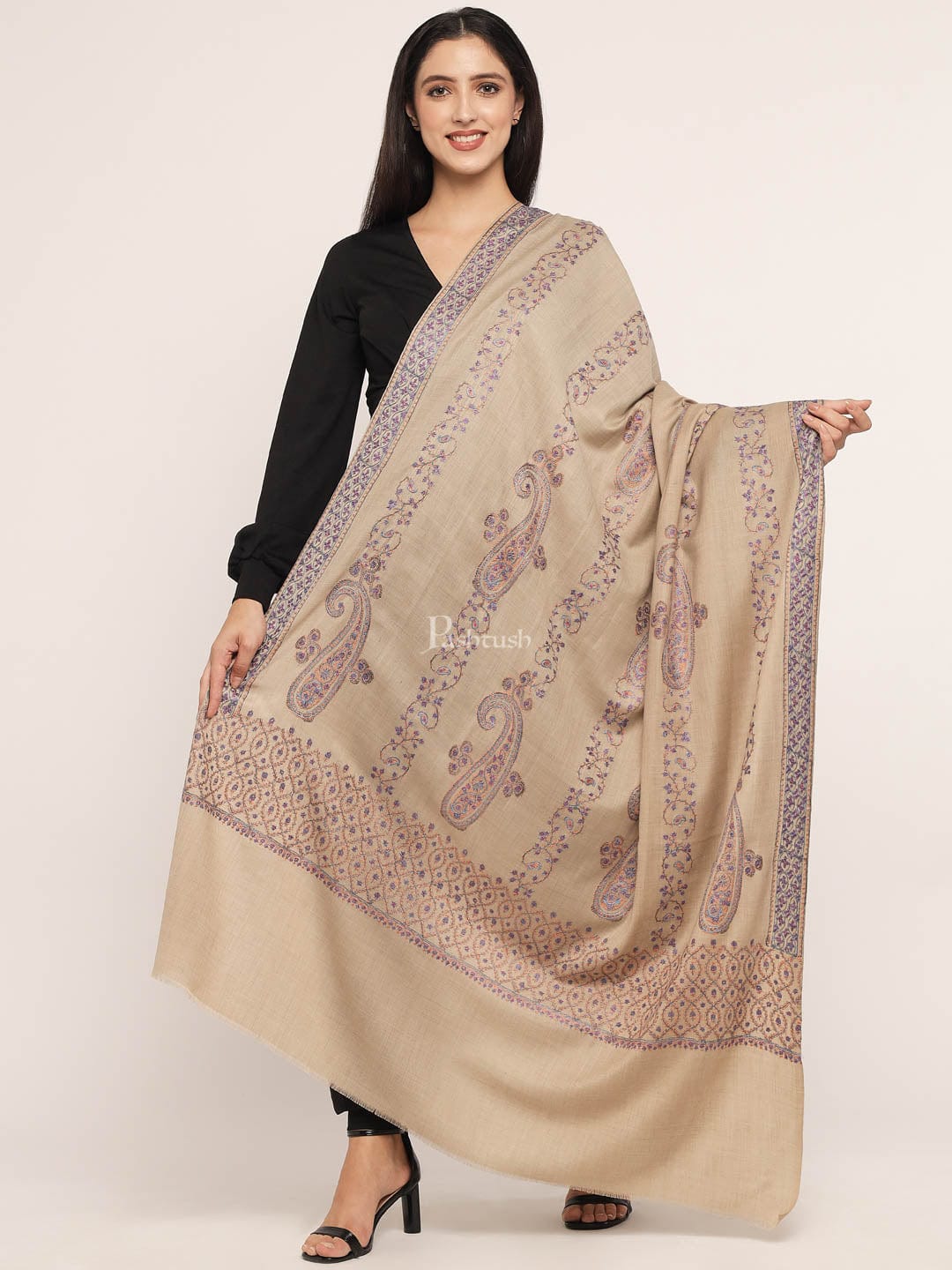 Pashtush India Womens Shawls Pashtush womens Fine Wool shawl, 100% hand embroidery design, Beige