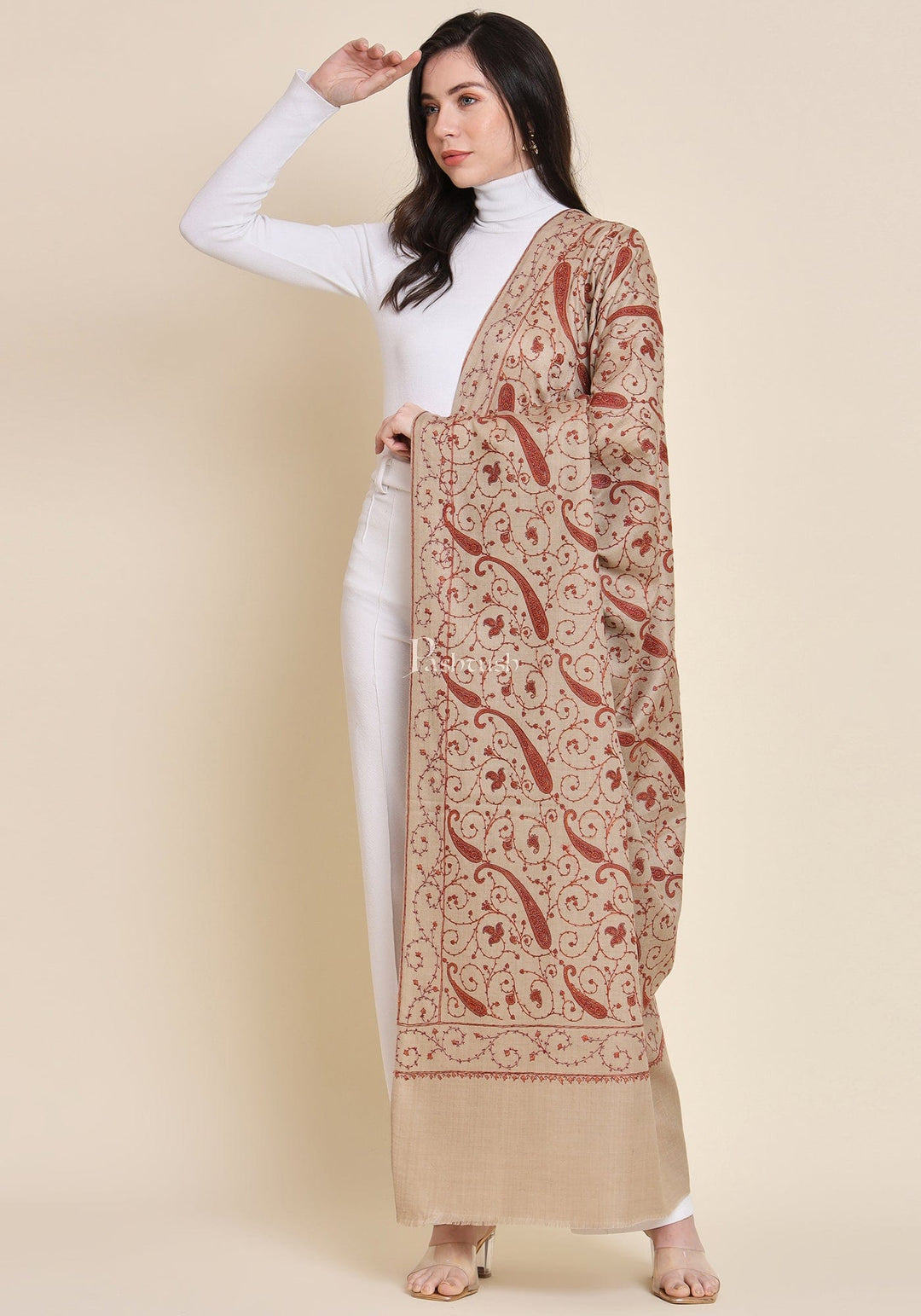 Pashtush India Womens Shawls Pashtush Womens Fine Wool Shawl, Embroidery Jaal Design, Beige