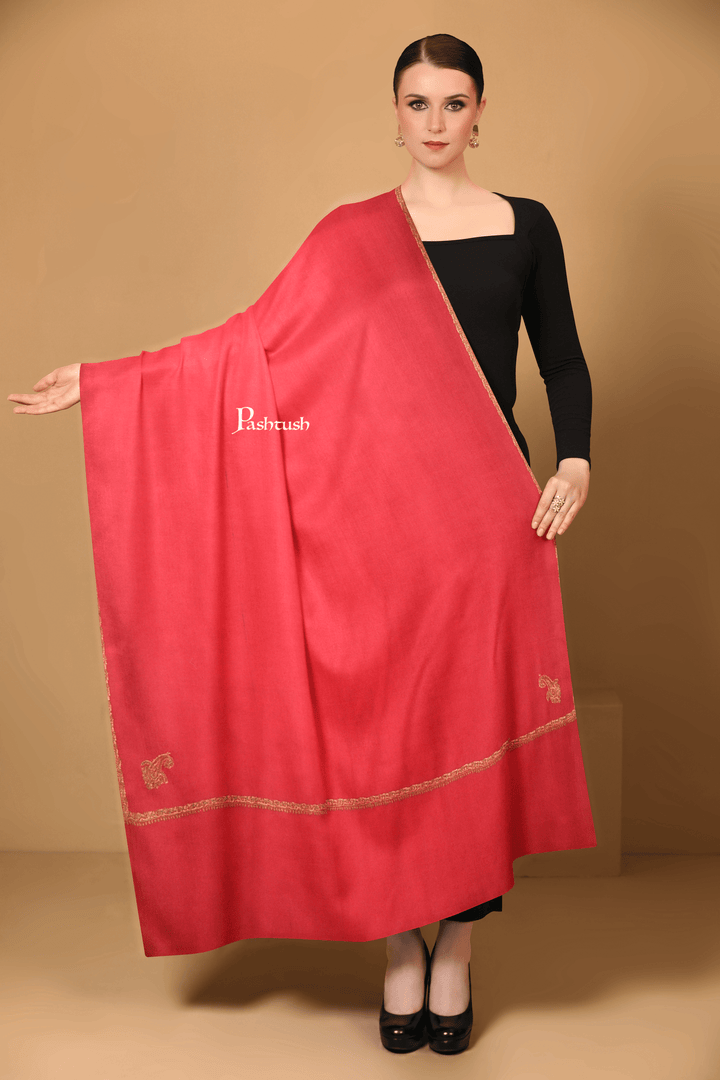 Pashtush India Womens Shawls Pashtush Womens Fine Wool Shawl, Hand Embroidered Kingri Design, Red