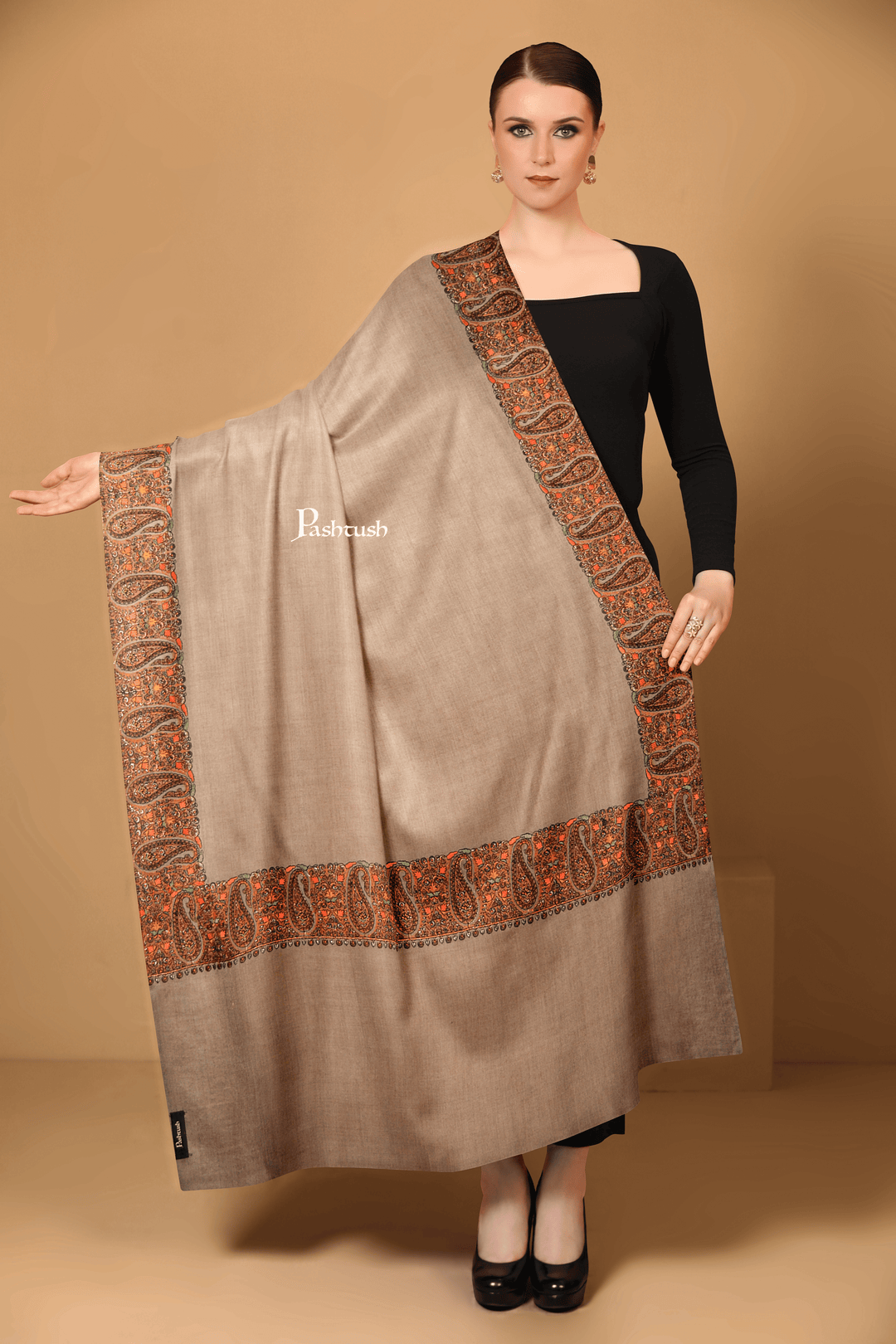 Pashtush Womens Fine Wool Shawl, Kashmiri Embroidery, Challa Daur With Metallic Border Design, Taupe