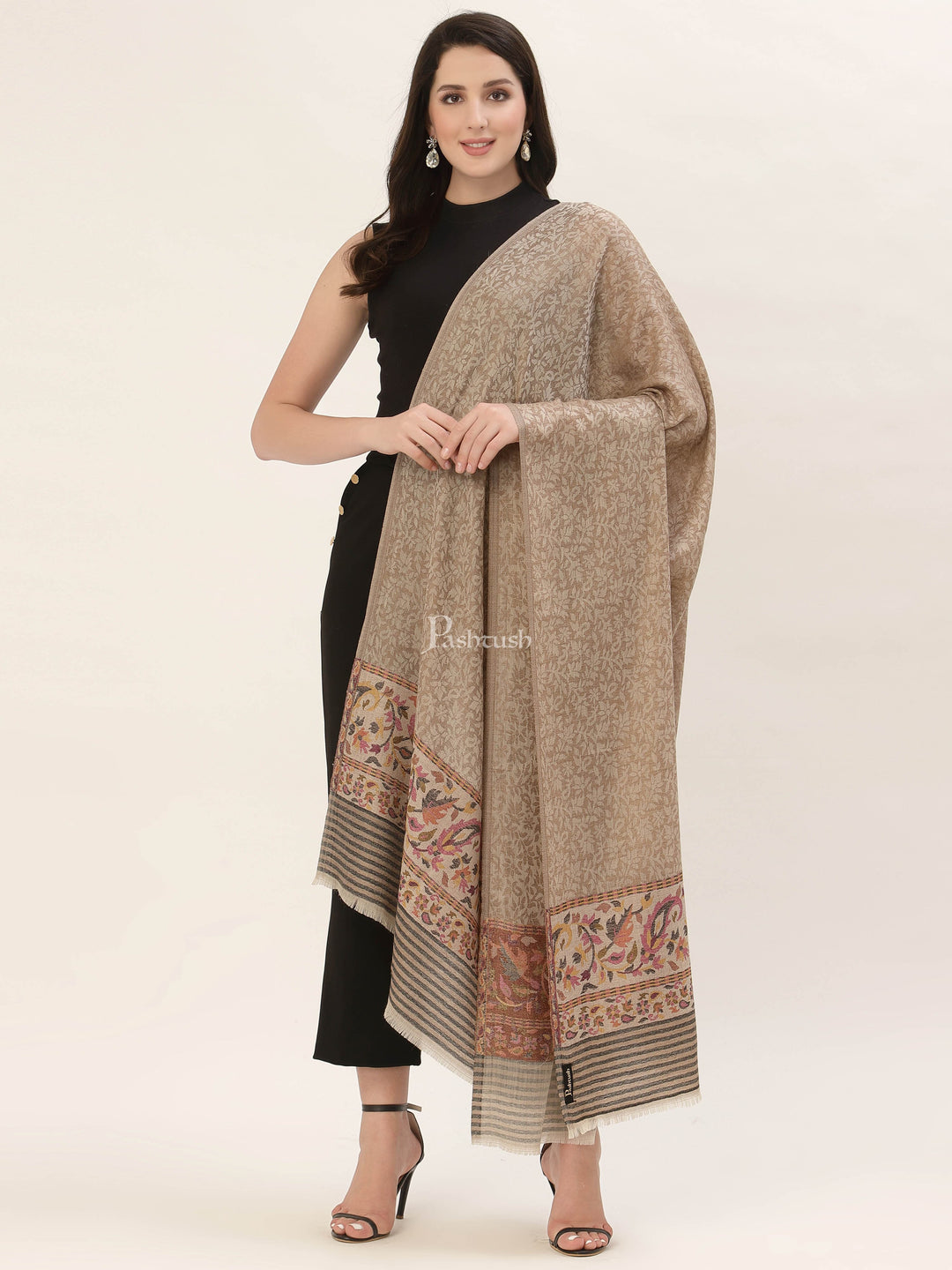 Pashtush India Womens Shawls Pashtush Womens Fine Wool Shawl, With Ethnic Palla Weave