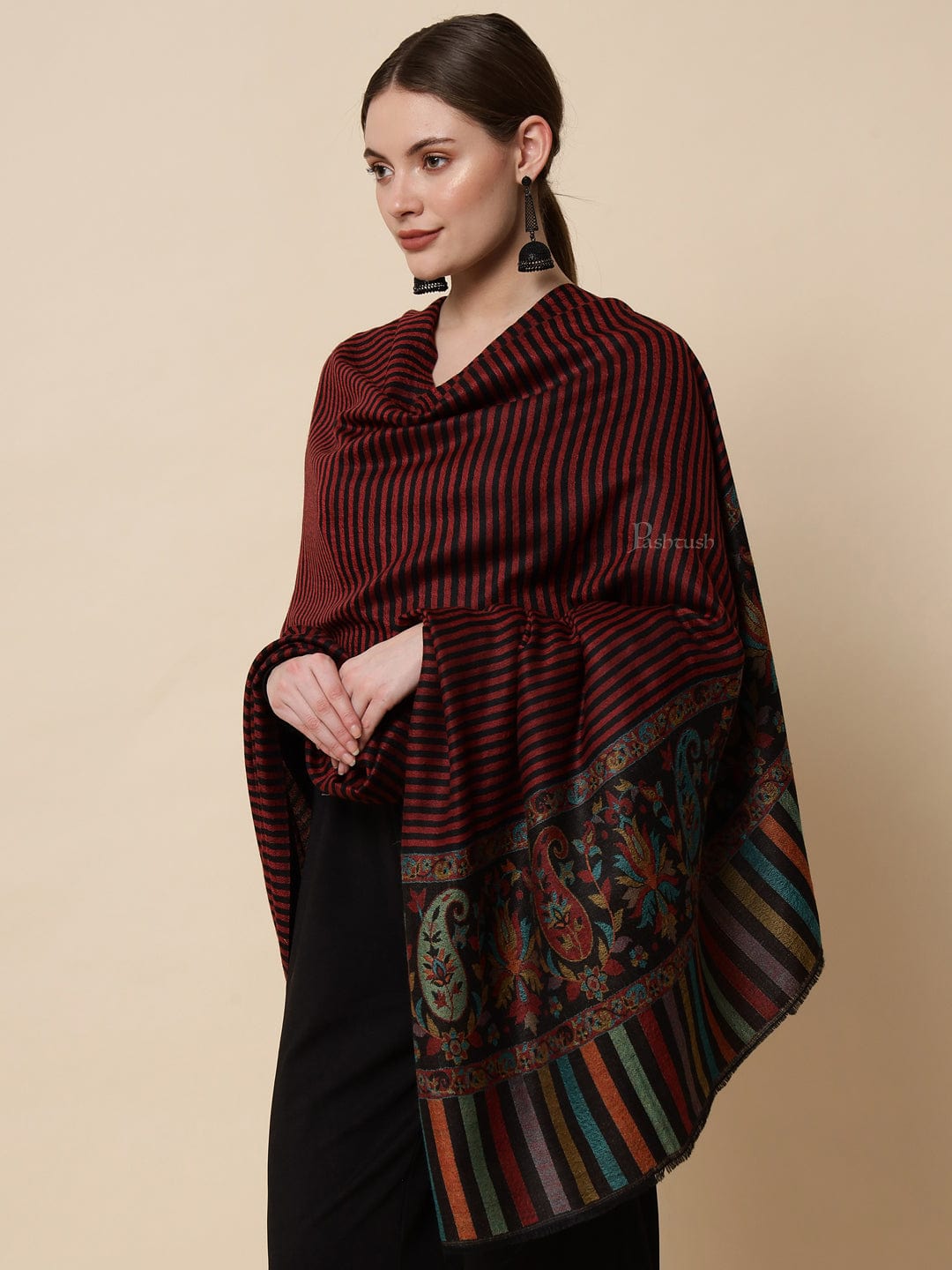 Pashtush India Womens Shawls Pashtush Womens Fine Wool Shawl, With Ethnic Palla Weave, Multicolour