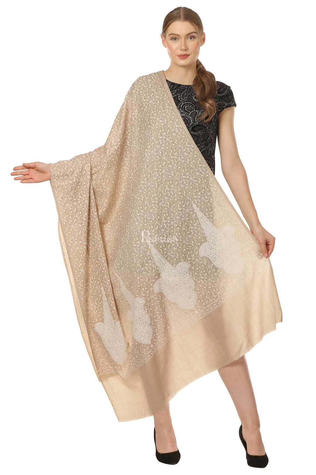 Pashtush India Womens Shawls Pashtush Womens Fine Wool Shawl With Tone On Tone Embroidery, Soft And Warm, Light Weight