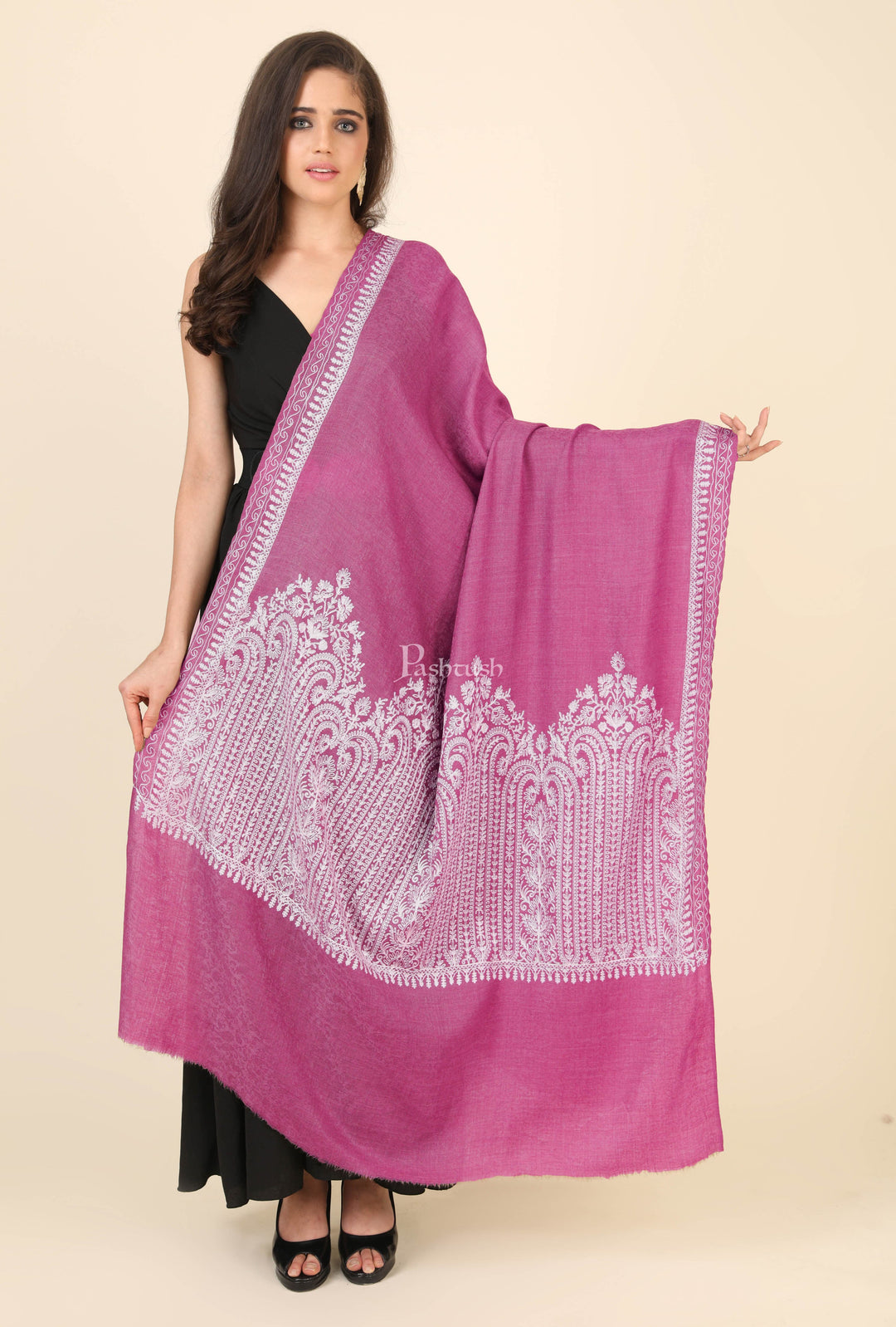 Pashtush India Womens Shawls Pashtush Womens Fine Wool Shawl, With Tone On Tone Nalki Embroidery, Soft And Warm, Dark Pink