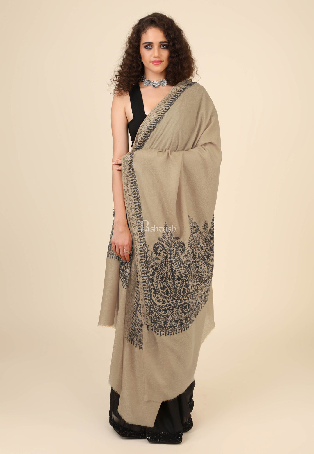 Pashtush India Womens Shawls Pashtush Womens Fine Wool Shawl, With Tone On Tone Nalki Embroidery, Soft And Warm, Taupe