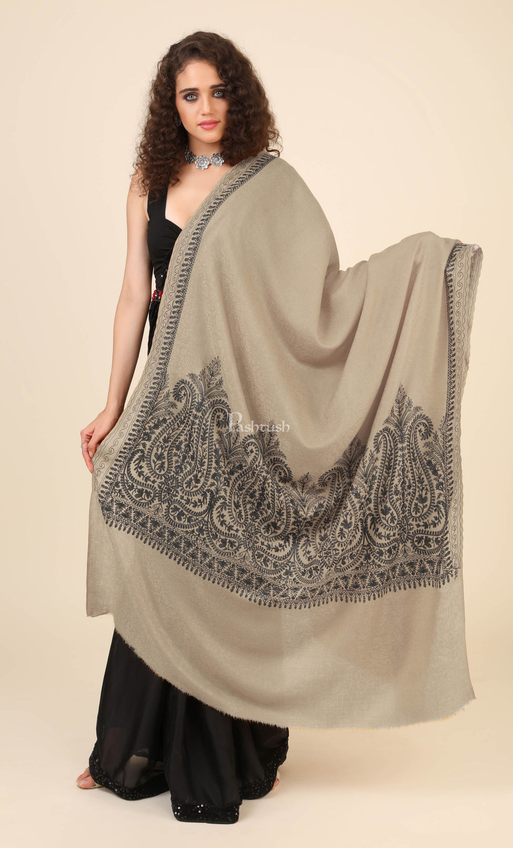 Pashtush India Womens Shawls Pashtush Womens Fine Wool Shawl, With Tone On Tone Nalki Embroidery, Soft And Warm, Taupe