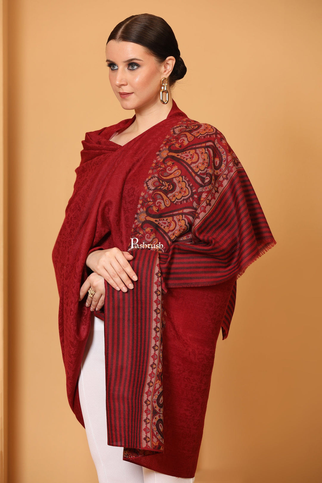 Pashtush India Womens Shawls Pashtush Womens Fine Wool Shawl, Woven Design, Ethnic Weave Palla, Crimson Maroon